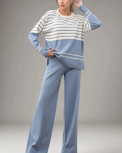 Basic Bae Striped Round Neck Long Sleeve Top and Pants Sweater Set