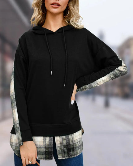 Plaid Drawstring Long Sleeve Slit Hoodie - ShopEasier