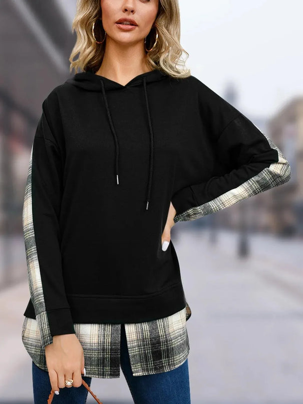 Plaid Drawstring Long Sleeve Slit Hoodie - ShopEasier