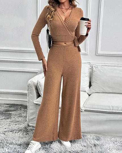 Chic Tied Long Sleeve Top and Pants Ensemble