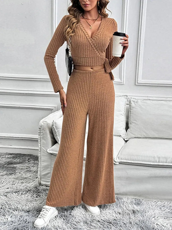 Chic Tied Long Sleeve Top and Pants Ensemble