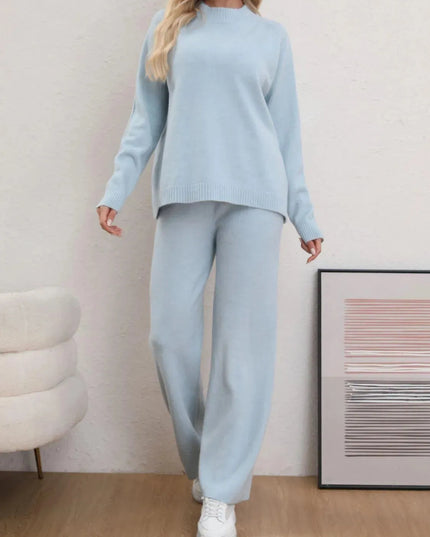 Mock Neck Long Sleeve Top and Pants Sweater Set - ShopEasier