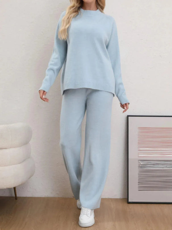 Mock Neck Long Sleeve Top and Pants Sweater Set - ShopEasier