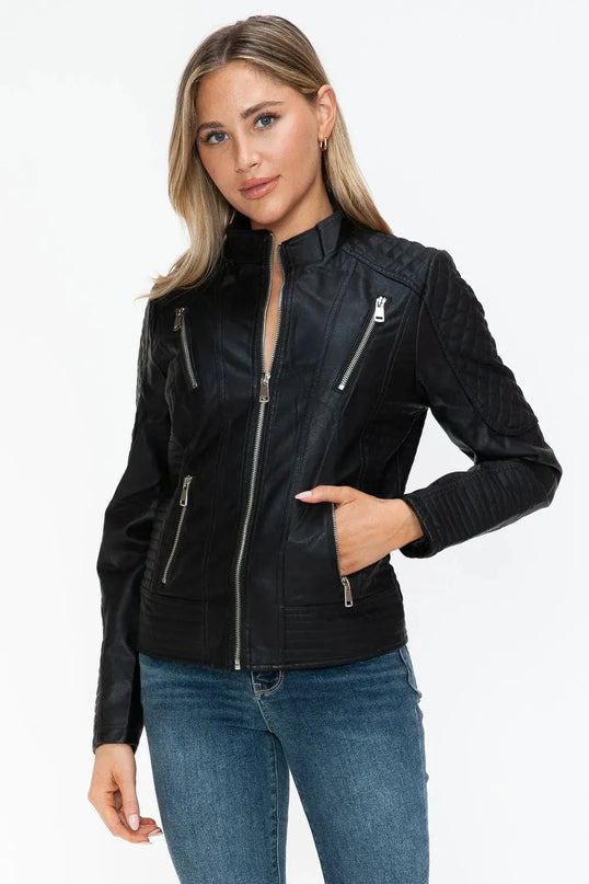 Snobbish Faux Leather Zip Up Mock Neck Jacket - ShopEasier