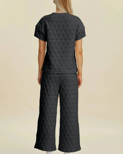 Versatile Duo: Textured Short Sleeve Top and Pants Set