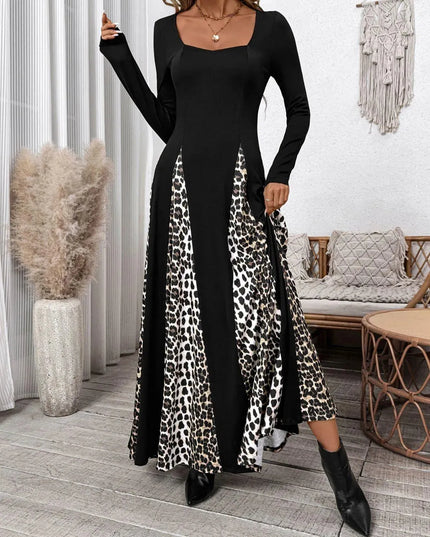 Perfee Leopard Square Neck Long Sleeve Maxi Dress - ShopEasier