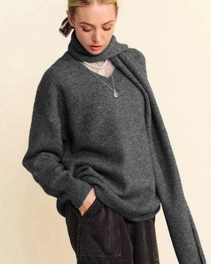 Cozy V-Neck Sweater and Scarf Set with Dropped Shoulders