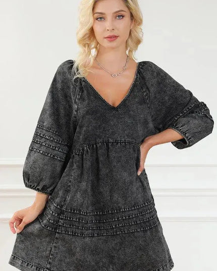 V-Neck Three Quarter Sleeve Denim Dress - ShopEasier