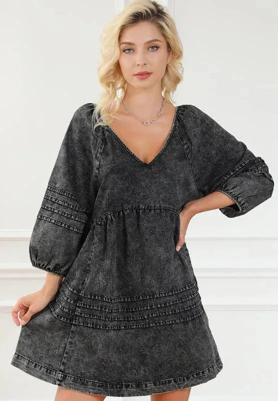 V-Neck Three Quarter Sleeve Denim Dress - ShopEasier