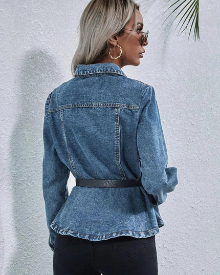 Peplum Collared Neck Long Sleeve Denim Top - ShopEasier