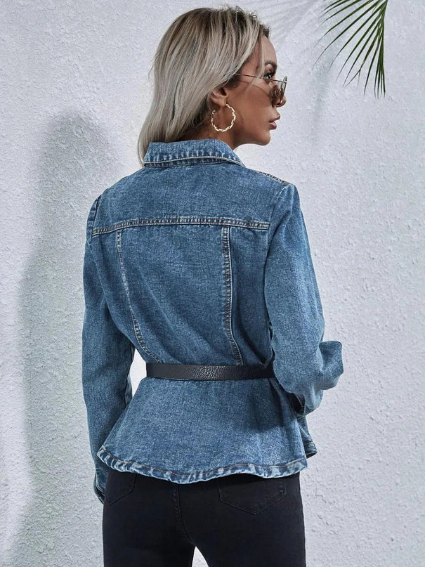 Peplum Collared Neck Long Sleeve Denim Top - ShopEasier