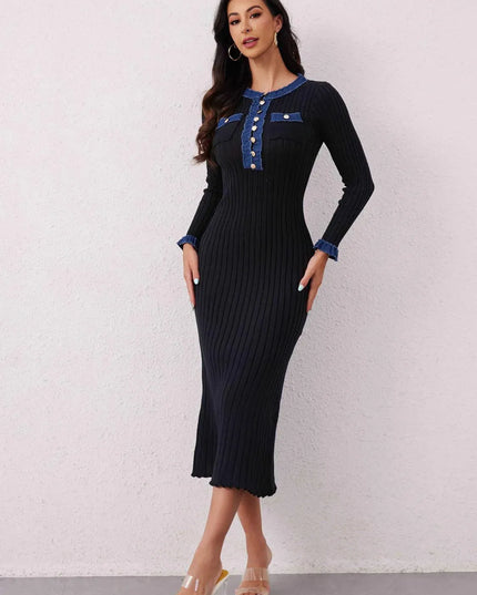 Contrast Trim Round Neck Long Sleeve Sweater Dress