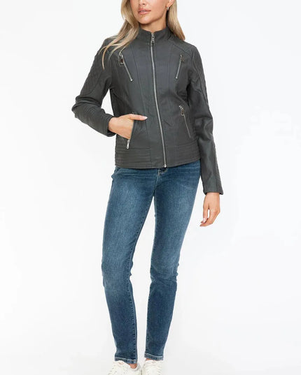 Snobbish Faux Leather Zip Up Mock Neck Jacket - ShopEasier