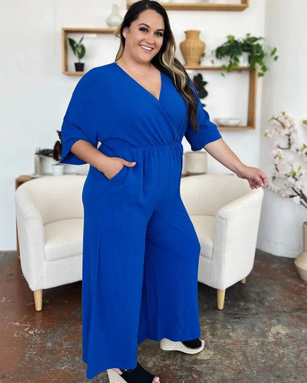 Double Take Full Size Surplice Wide Leg Jumpsuit with Pockets - ShopEasier