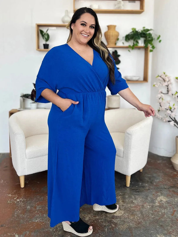 Double Take Full Size Surplice Wide Leg Jumpsuit with Pockets - ShopEasier