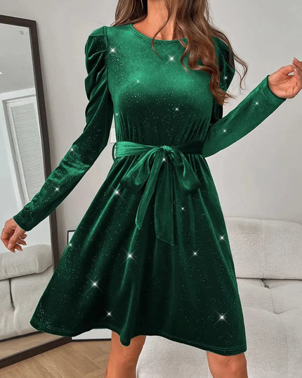 Glitter Round Neck Puff Sleeve Dress