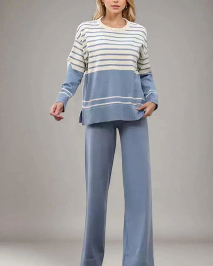 Basic Bae Striped Round Neck Long Sleeve Top and Pants Sweater Set