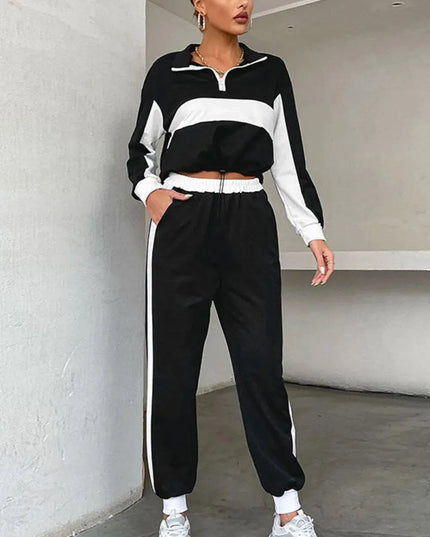 Striped Mock Neck Cropped Sweatshirt and Jogger Set with Half Zip