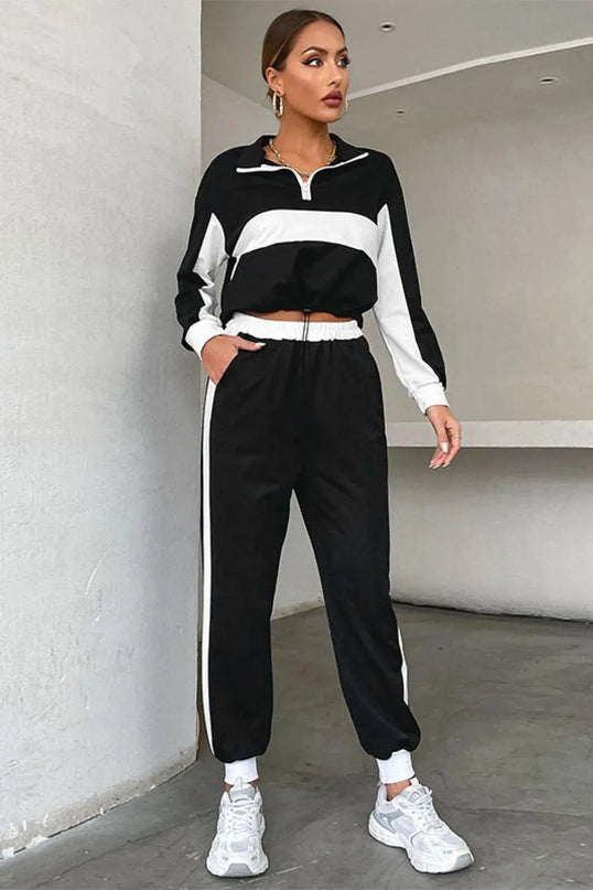 Striped Mock Neck Cropped Sweatshirt and Jogger Set with Half Zip