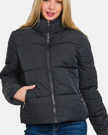 Cozy Chic Zip-Up Turtleneck Puffer Jacket with Functional Pockets