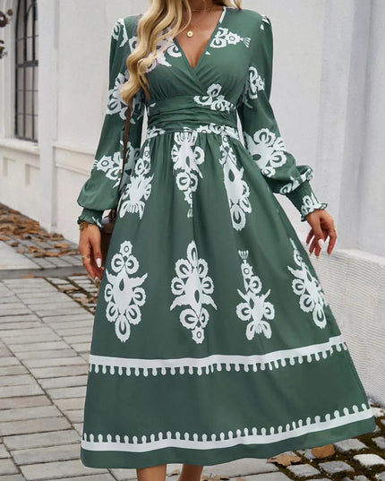 Devine Printed Surplice Lantern Sleeve Midi Dress