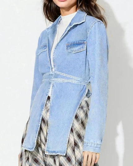 Asymmetric Slit Collared Neck Long Denim Top - ShopEasier