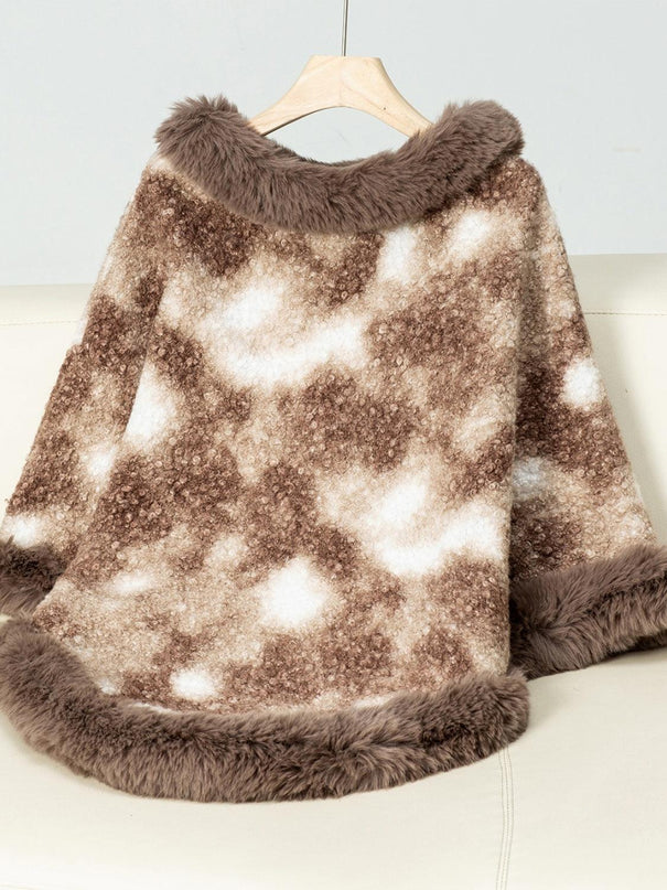 Furry Contrast Three-Quarter Poncho - ShopEasier