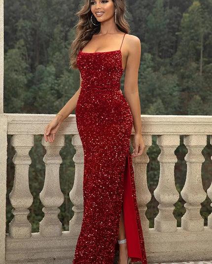 Sequin Backless Split Maxi Dress