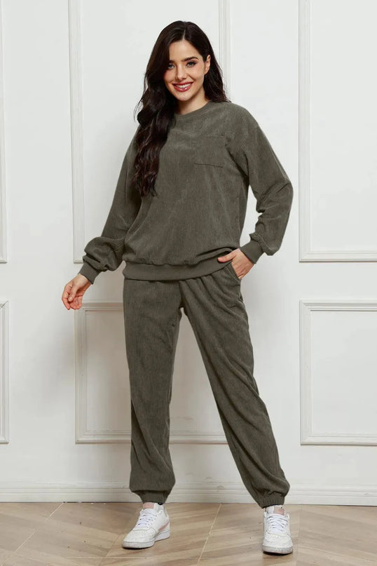 Cozy Corduroy Two-Piece Sweatshirt and Sweatpants Ensemble