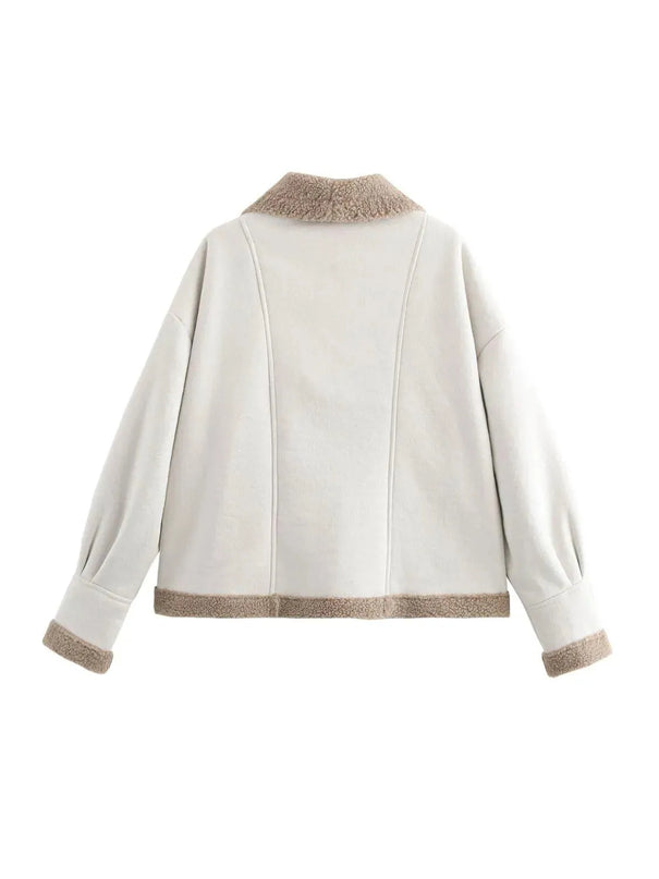 Fuzzy Collared Neck Long Sleeve Jacket - ShopEasier