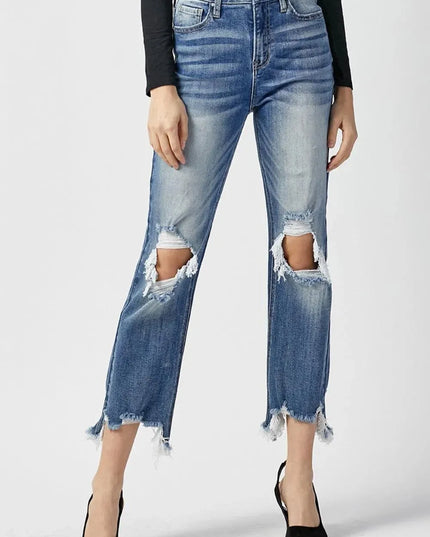 RISEN High Waist Distressed Frayed Hem Cropped Straight Jeans - ShopEasier