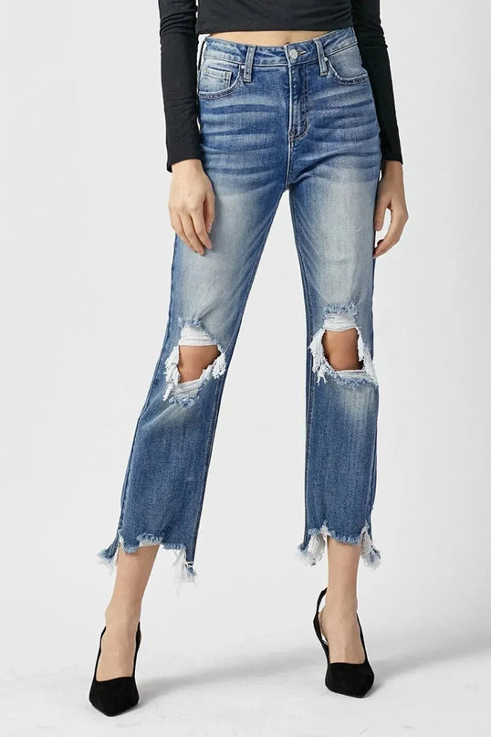 RISEN High Waist Distressed Frayed Hem Cropped Straight Jeans - ShopEasier