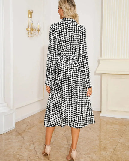 Tied Houndstooth Long Sleeve Midi Dress