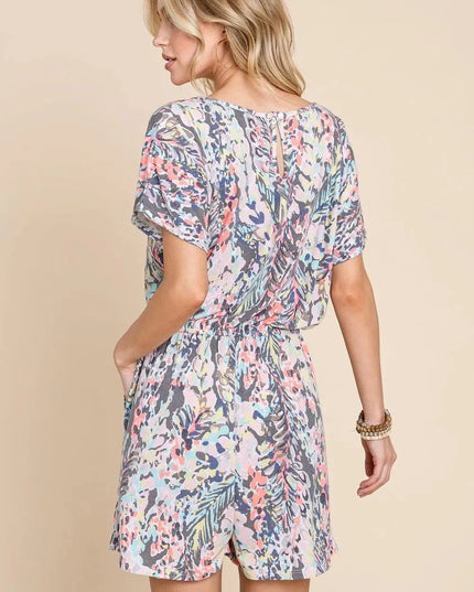 BOMBOM Printed Short Sleeve Drawstring Romper - ShopEasier