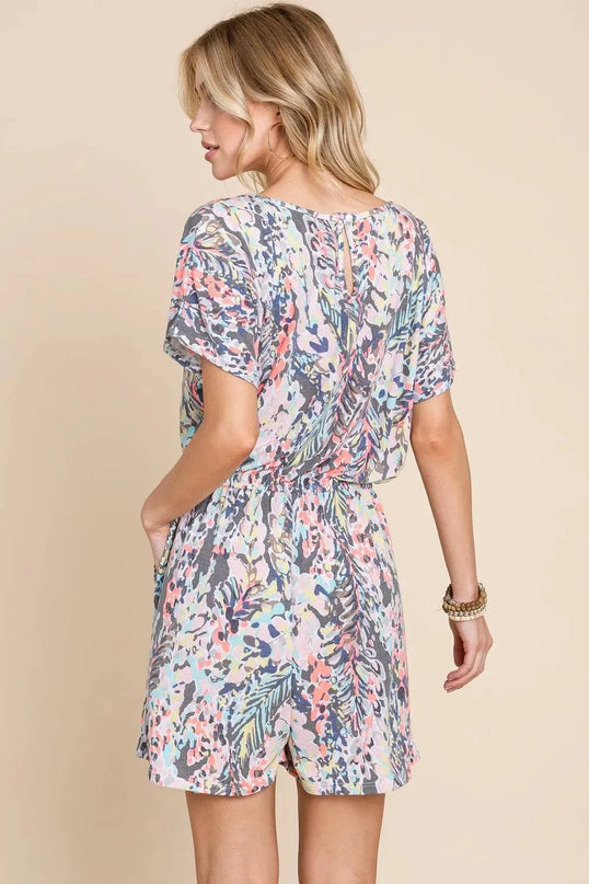 BOMBOM Printed Short Sleeve Drawstring Romper - ShopEasier