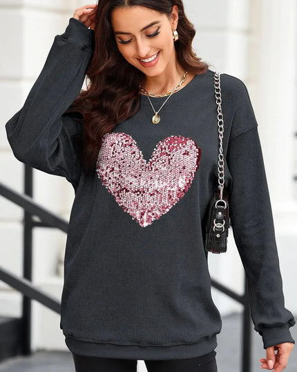 Sequin Heart Opaque Round Neck Sweatshirt