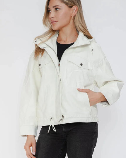 How Dare U Drawstring Hem PU Leather Zip Up Jacket - ShopEasier