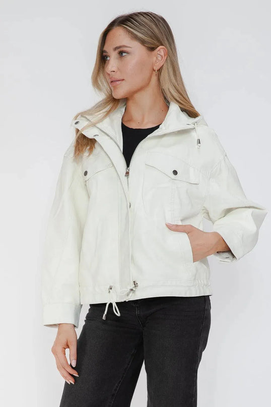 How Dare U Drawstring Hem PU Leather Zip Up Jacket - ShopEasier