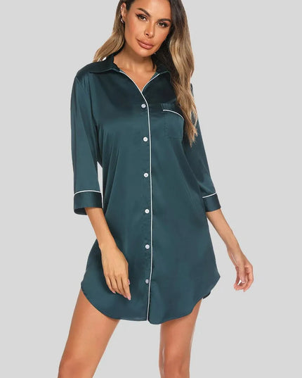 Button Up Collared Neck Night Dress with Pocket