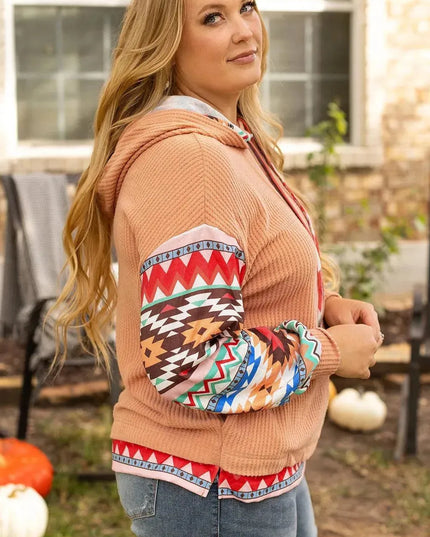 Geometric Plus Size Long Sleeve Hoodie with Drawstring