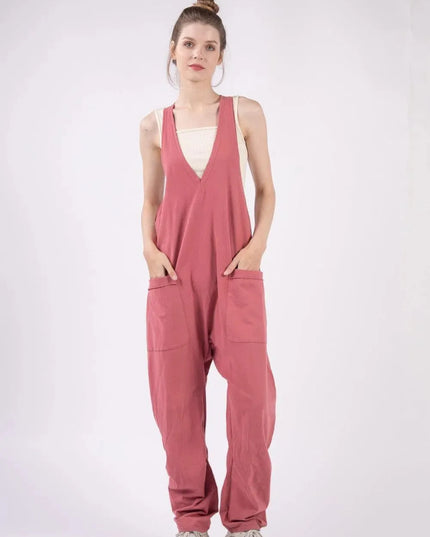 Chic Plunge Neck Sleeveless Jumpsuit with Pockets