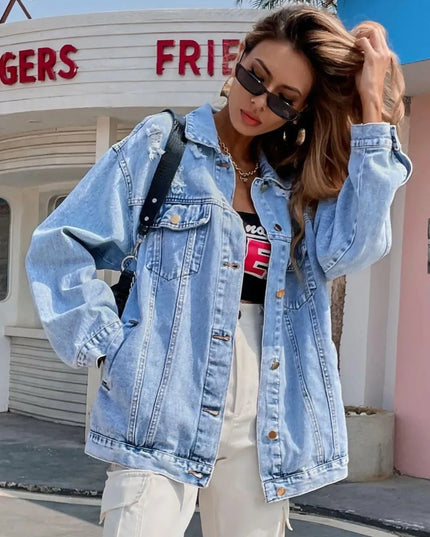 Distressed Button Up Long Sleeve Denim Top - ShopEasier