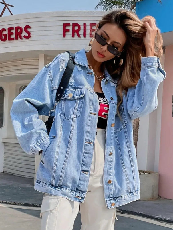 Distressed Button Up Long Sleeve Denim Top - ShopEasier