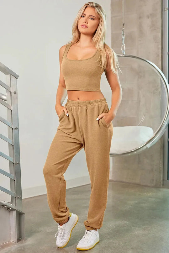 Activewear Trio: Square Neck Tank, Stylish Cover-Up, and Joggers Set