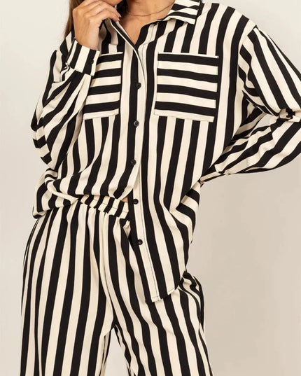 Chic Vertical Stripe Button-Up Shirt and Wide-Leg Pants Ensemble