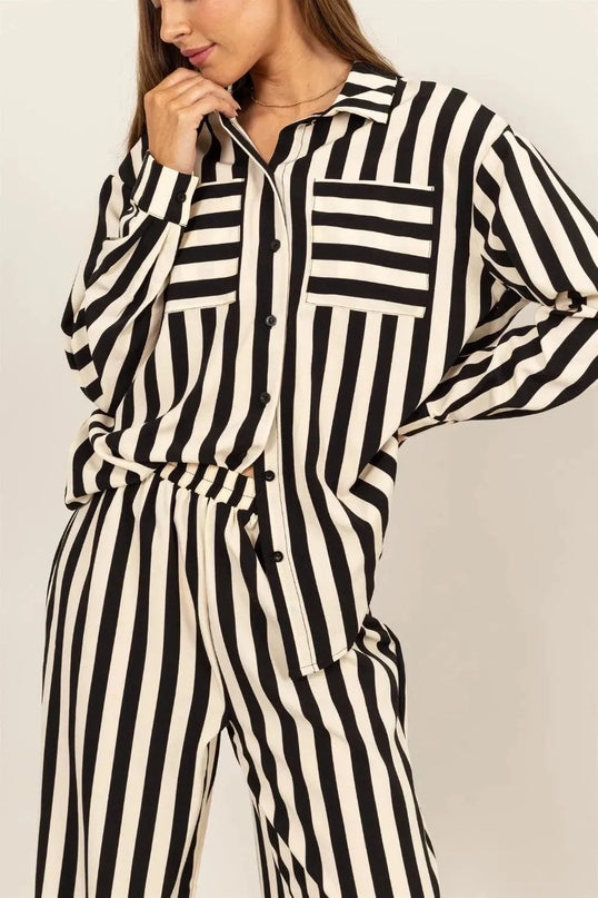 Chic Vertical Stripe Button-Up Shirt and Wide-Leg Pants Ensemble