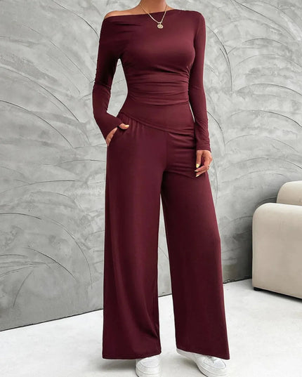 Chic Long Sleeve Top and Flowy Wide Leg Pants Ensemble