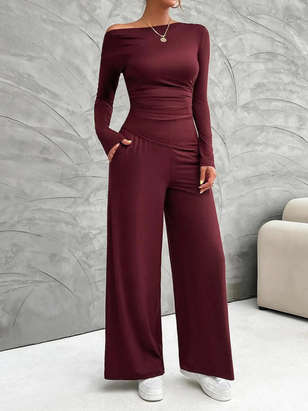 Chic Long Sleeve Top and Flowy Wide Leg Pants Ensemble