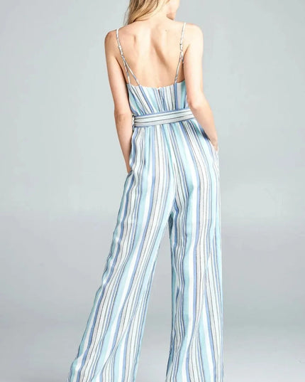 Cotton Bleu by Nu Label Tie Front Striped Sleeveless Jumpsuit - ShopEasier