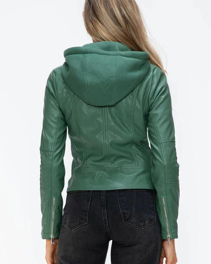 Snobbish Faux Leather Zip Up Drawstring Hooded Jacket - ShopEasier